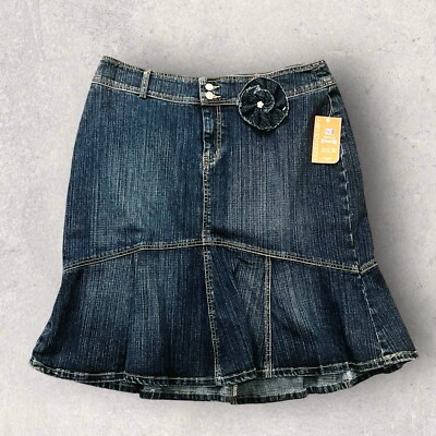 Faded Glory Skirt 18W blue Denim Zip Front Ruffle Flare Stretch Boho Festival