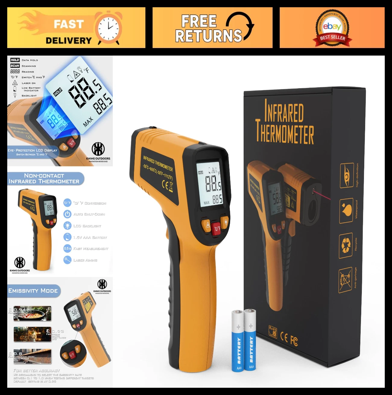 Infrared Thermometer Laser Temperature Gun -58℉ to 1112℉, 12:1 Ratio, Cooking &