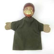 Vintage Monkey Head Hand Puppet 10" Composite Sleepy Head Cloth Body 1930s RARE