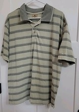 Woolrich Mens Polo Shirt Large Grey/Tan Stripe Classic Button vintage