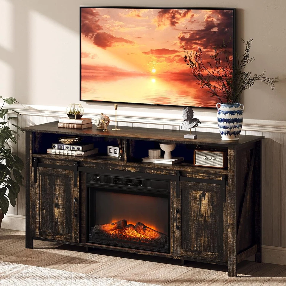 Electric Fireplace TV Stand for 70 Inch TVs, Farmhouse Console Table with Doors - Image 2 of 4