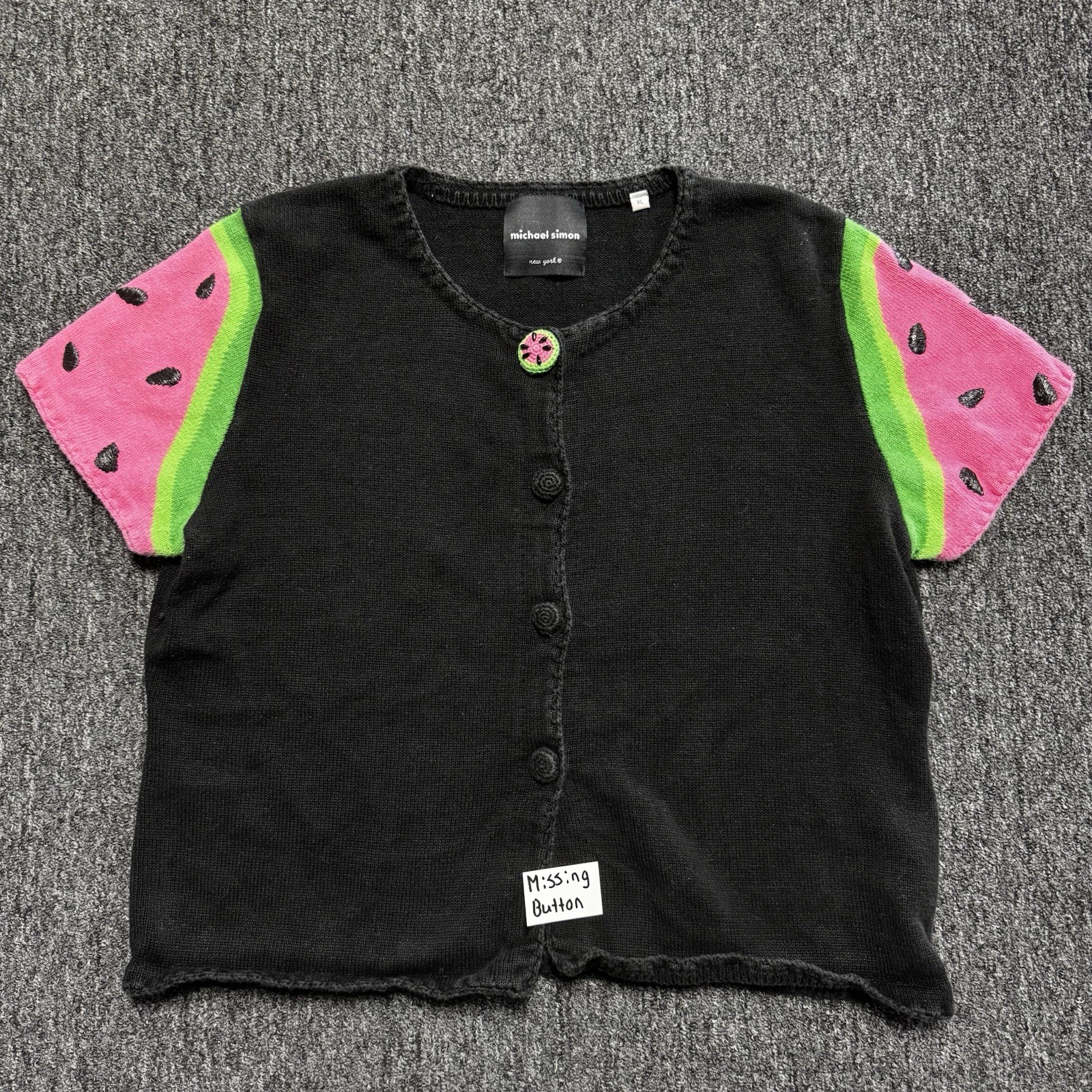 Women’s RARE Vintage Michael Simon Watermelon Black Knit Cardigan Sweater Sz XL