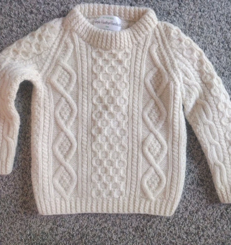 Suéter Pescador Púrpura Brezo Tejido a Mano Marfil Lana Pura Niños Killarney Irlanda Foto 4 de 4