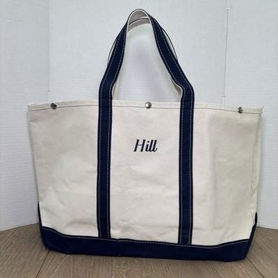 VTG 90's LL Bean Boat & Tote Bag Cream/Navy Blue Canvas XL USA Made Heavy READ