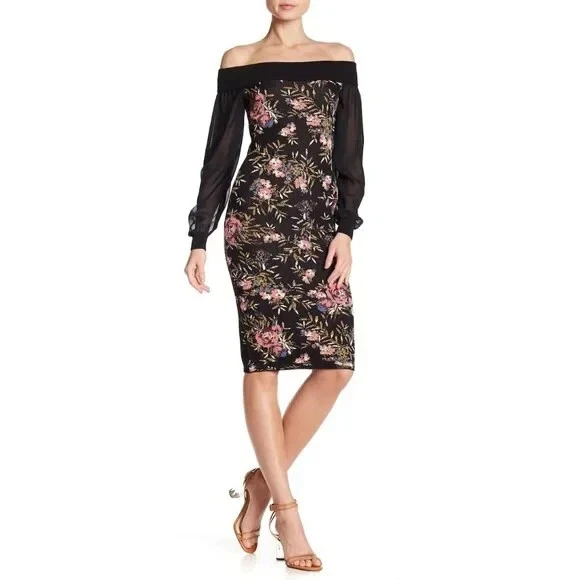 off the shoulder chiffon midi dress Goddiva Chiffon Cowl Off Shoulder Wing Tiered Midi Dress