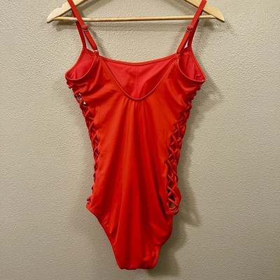 Time & Tru Baywatch Red Swimsuit One Piece Cross Side Detail Poolside Sz 12/14