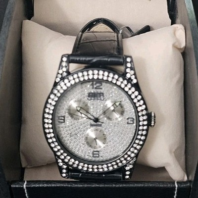 49.3mm Men's Quartz Analog Rhinestone Bezel Watch Black genuine Leather band