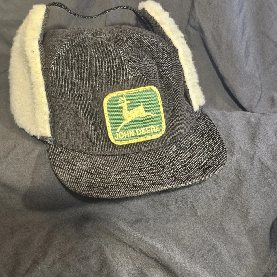 VTG-1980s John Deere Advertising Hat W/ Ear Flaps snapback trucker hat Black - Image 2 of 4
