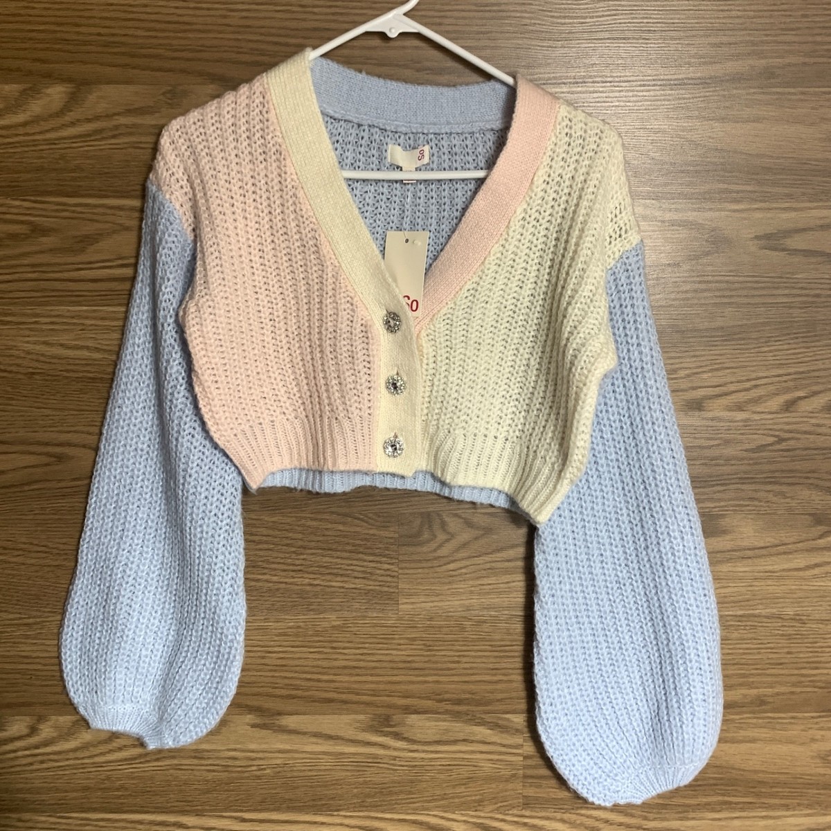SO Pastel Color Block Cropped Cardigan Size XS Rhinestone Clueless