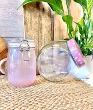 2 glass storage jars pink 17.5 & 18cm tall Pink
