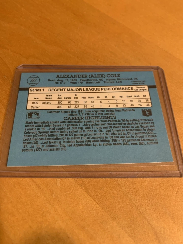 1991 Donruss Baseball Card #383 Alex Cole Indians - Image 2 of 2