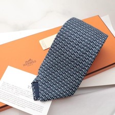 Hermes Silk Tie Navy Light Blue Geometric Pattern Unused