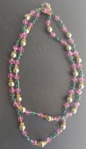 Vtg 2 Strand Glass Bead Faux Pearls Green Pink Sum