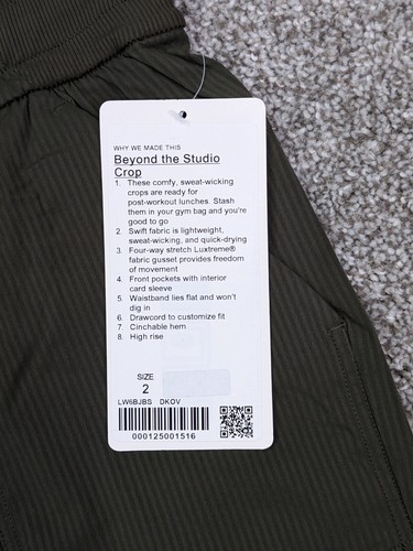 Lululemon Pants Womens 2 Olive Green Beyond the Studio Crop Track NWT W6BJBS - Picture 5 of 16