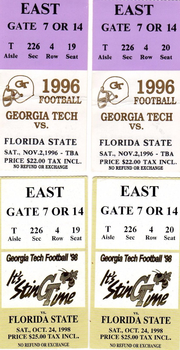 1996 1998 FSU FLA STATE SEMINOLES GA TECH YELLOW JACKETS TICKET STUB PICK  ONE