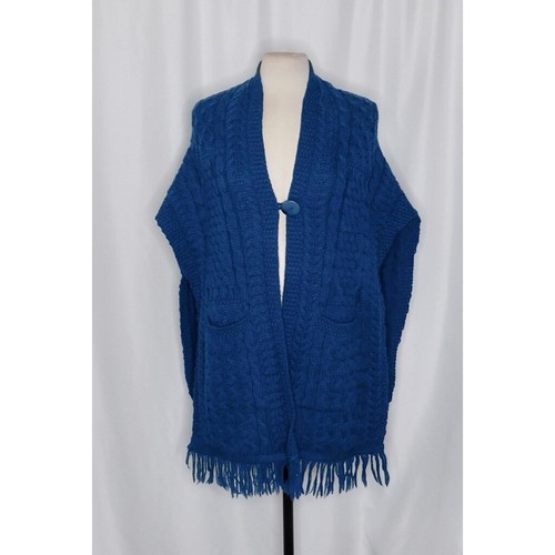 ARAN CRAFTS Irish Ireland Blue Merino Wool Cable Knit Cape Sweater One Size - Picture 2 of 10