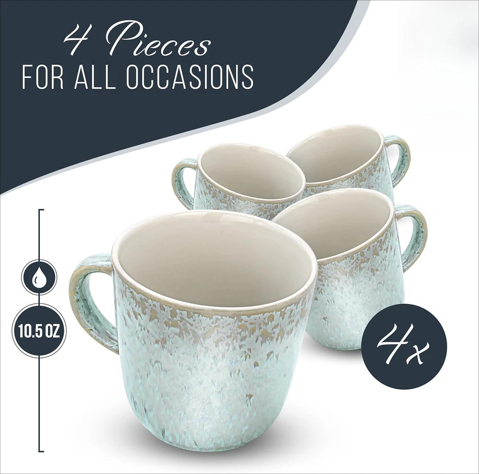Juego de 4 tazas de café de gres, elegante juego de tazas de café, beige-azul, 14,5 oz Foto 2 de 4