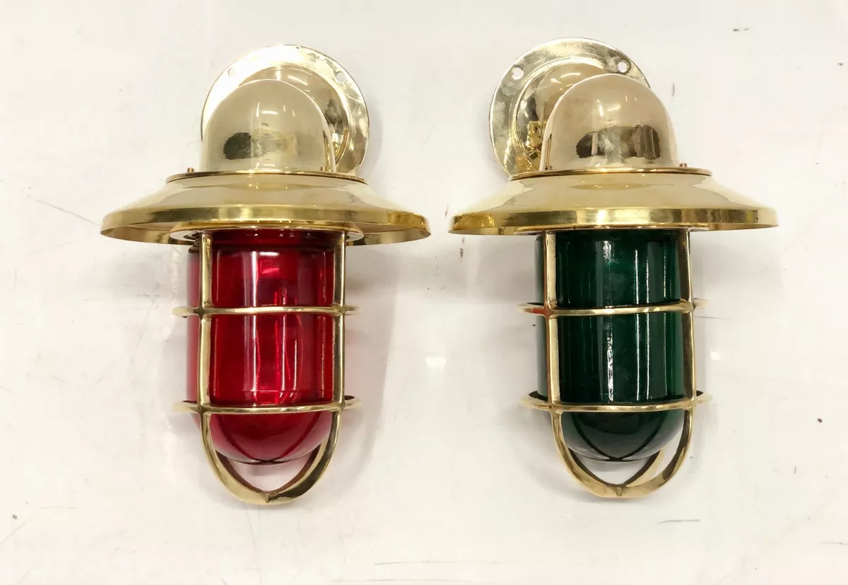 Antique Theme Marine Brass Wall Sconce Light Fixture Red Green