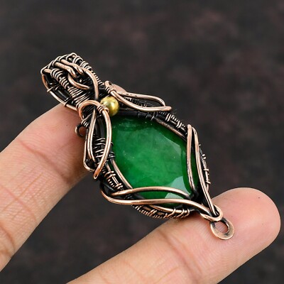Gift For Her Copper Zambian Emrald Gemstone Jewelry Wire Wrapped Pendant 2.76''