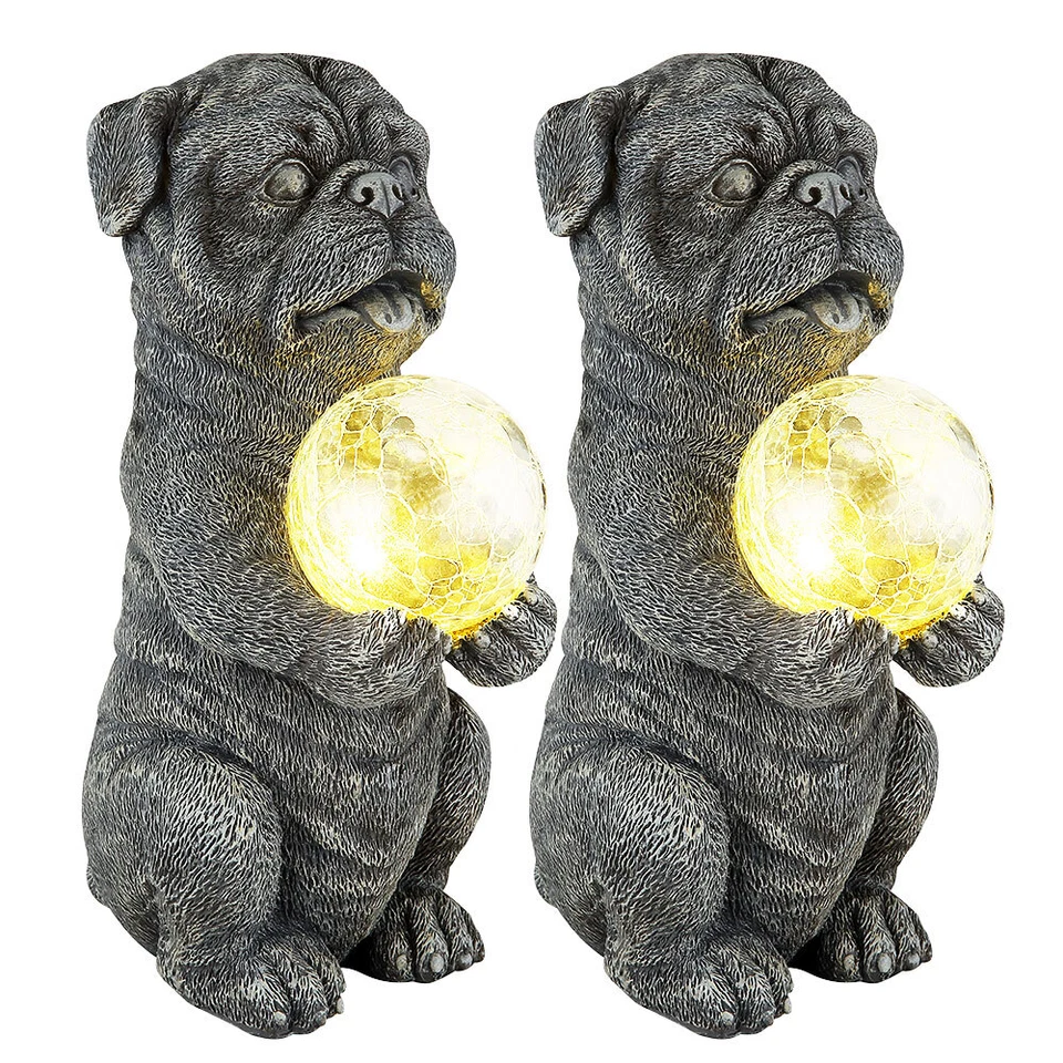 Solarleuchte Außenlampe Tierfigur LED Hund grau Crackle Glaskugel Garten 2er Set - Bild 2 von 4