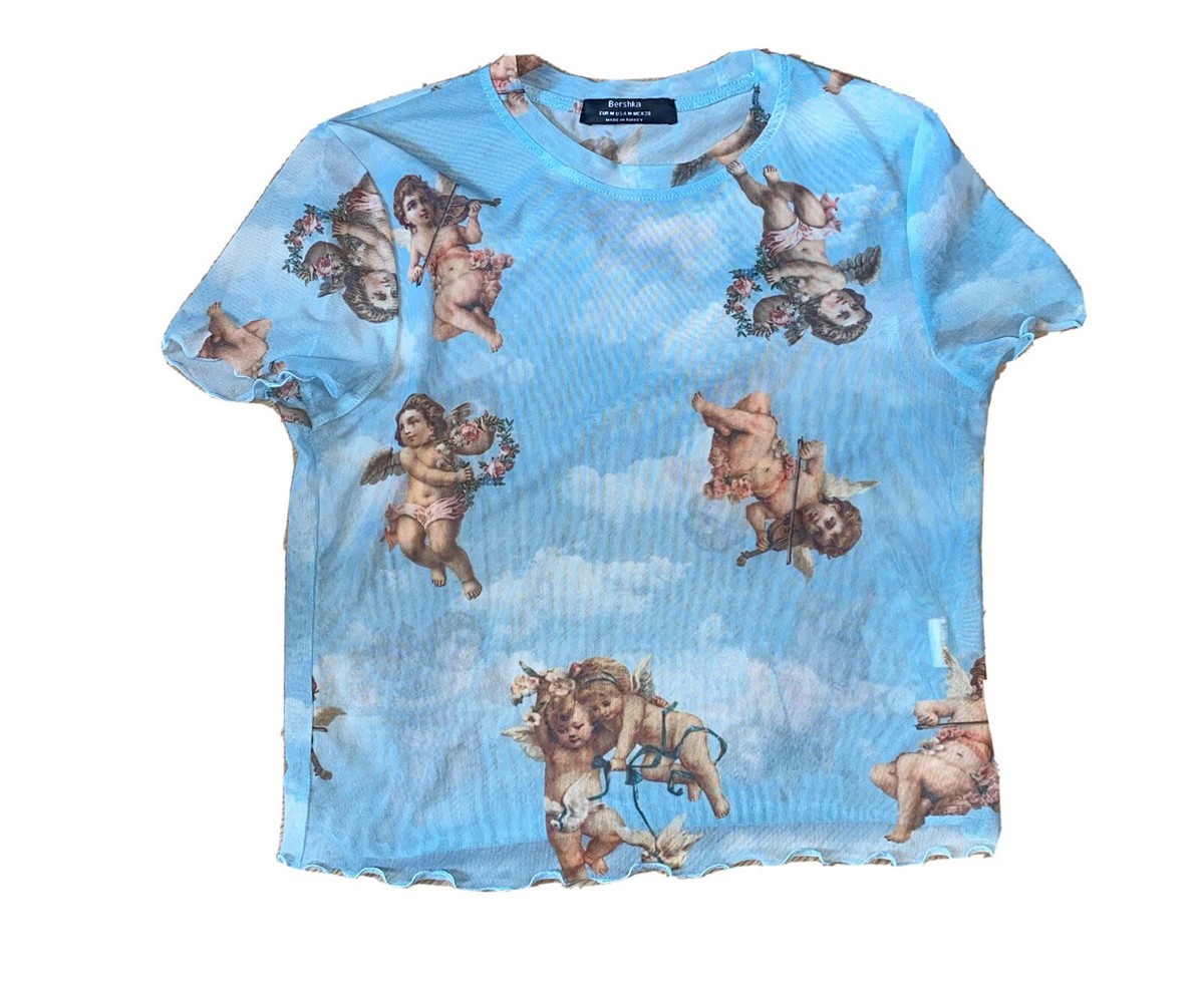 bershka m blue mesh sheer cupid baby angel crop top UK