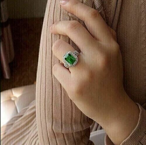 Emerald Cut Simulated Green Emerald Halo Wedding Ring In 14k White Gold Plated - Picture 5 of 5