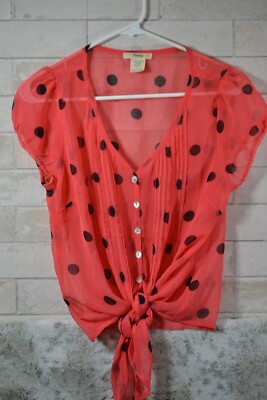 Timing Juniors L Polka Dot Knot tie sheer Coral Blouse Button Up