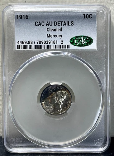 1916 Mercury Dime CAC Graded AU Details - TONED!