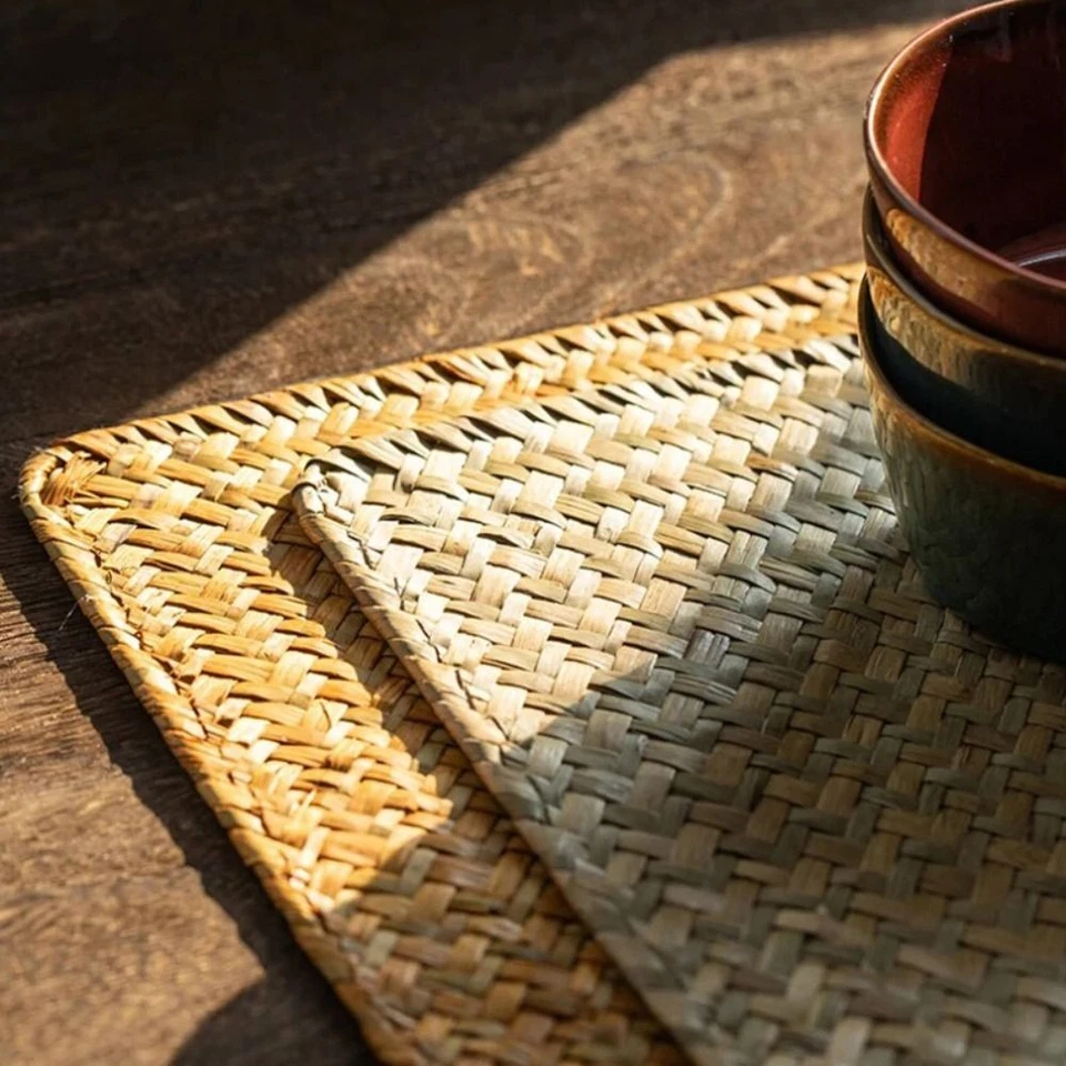 Rectangular Rattan Placemats Handmade Table Mat Natural Wicker Woven Mat Pot - Image 4 of 4