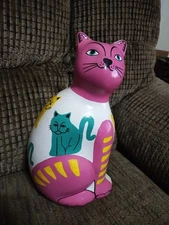 Mexican Cat Coin Bank Hand Painted Pink 10in Made In Mexico Cat Lovers 