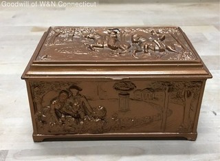 Vintage Cast Metal Jewelry Box Bronze Finish Repousse Colonial Style Hunt Scene