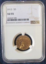 1913 INDIAN HEAD $5 HALF EAGLE GOLD NGC AU55