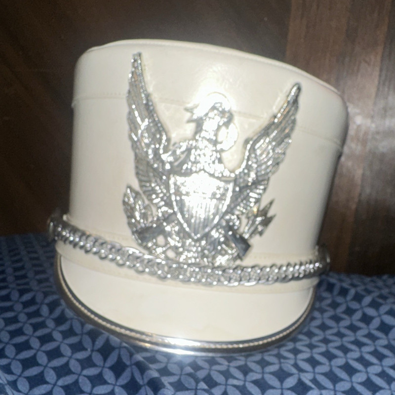 White Shako-Style Marching Band Hat, Silver Eagle Emblem Chin Cord, Size S