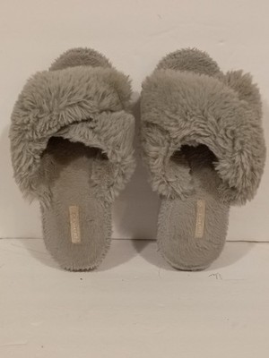 Halluci Women's Cross Band Soft Plush Fleece House Gray Slippers Size 38-39.