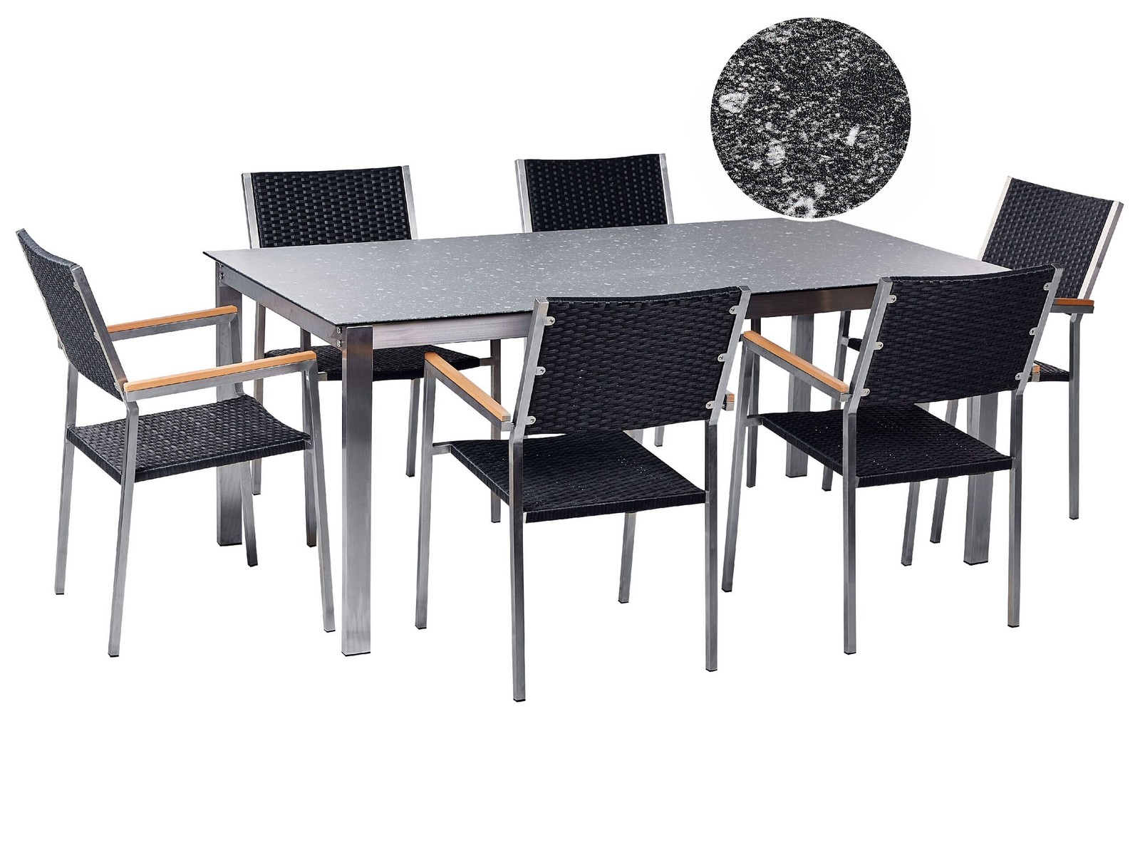 COSOLETO/ 6 posti Set da pranzo da giardino Nero Vetro temperato Effetto granito