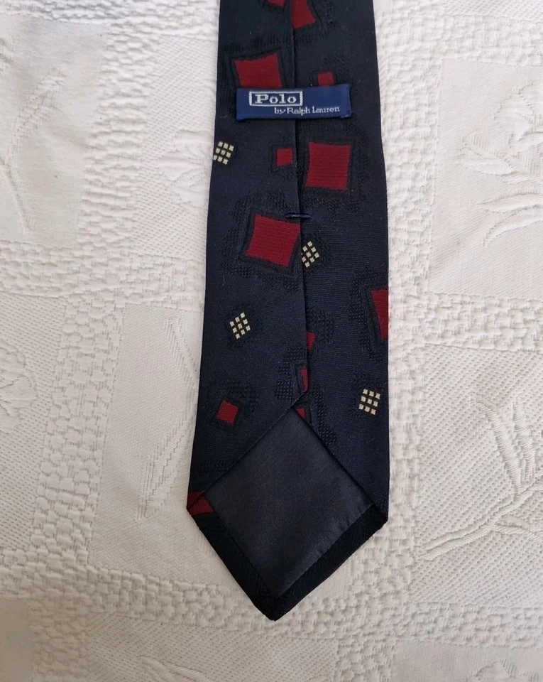 Vintage Navy Blue Geometric Print Polo By Ralph Lauren Handmade Silk Tie. - Image 2 of 4