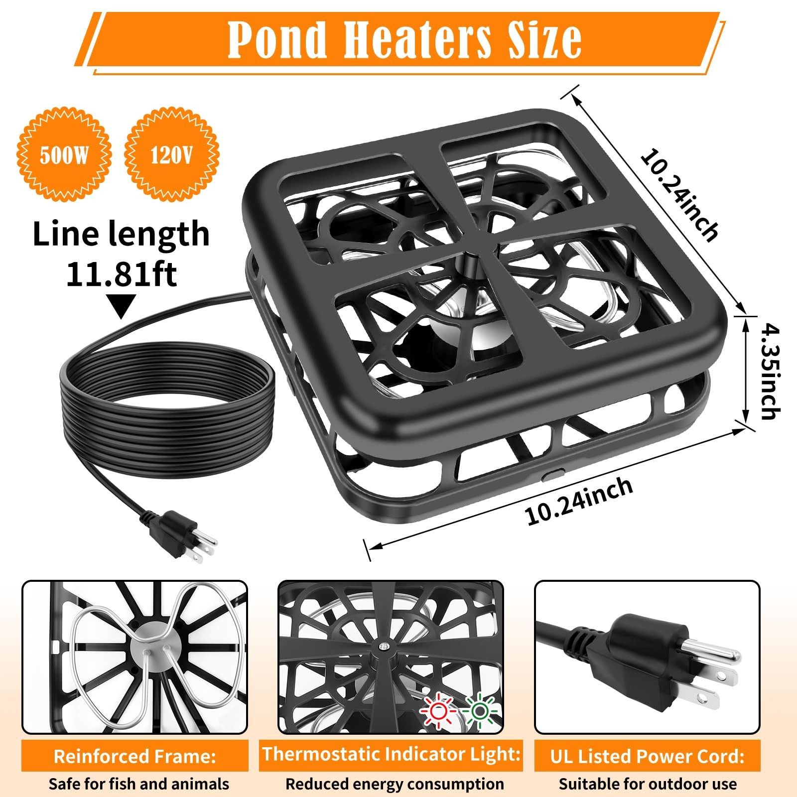 Floating & Submersible Pond Heater, 500W Pond Heaters for Outdoor Ponds with ...
