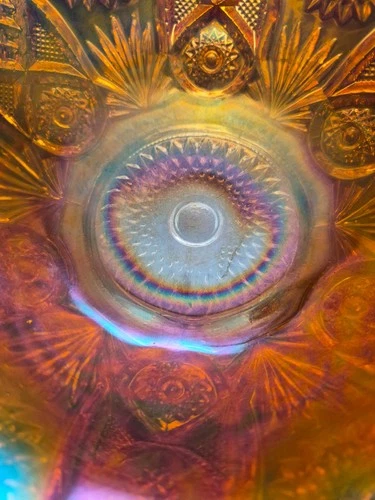 Vintage Carnival Glass Punch Bowl Set Pedestal Amber Marigold Iridescent + 6 Cup