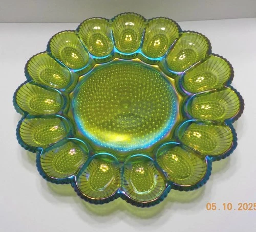 Indiana Glass Co Vintage Iridescent Green Carnival Hobnail Deviled