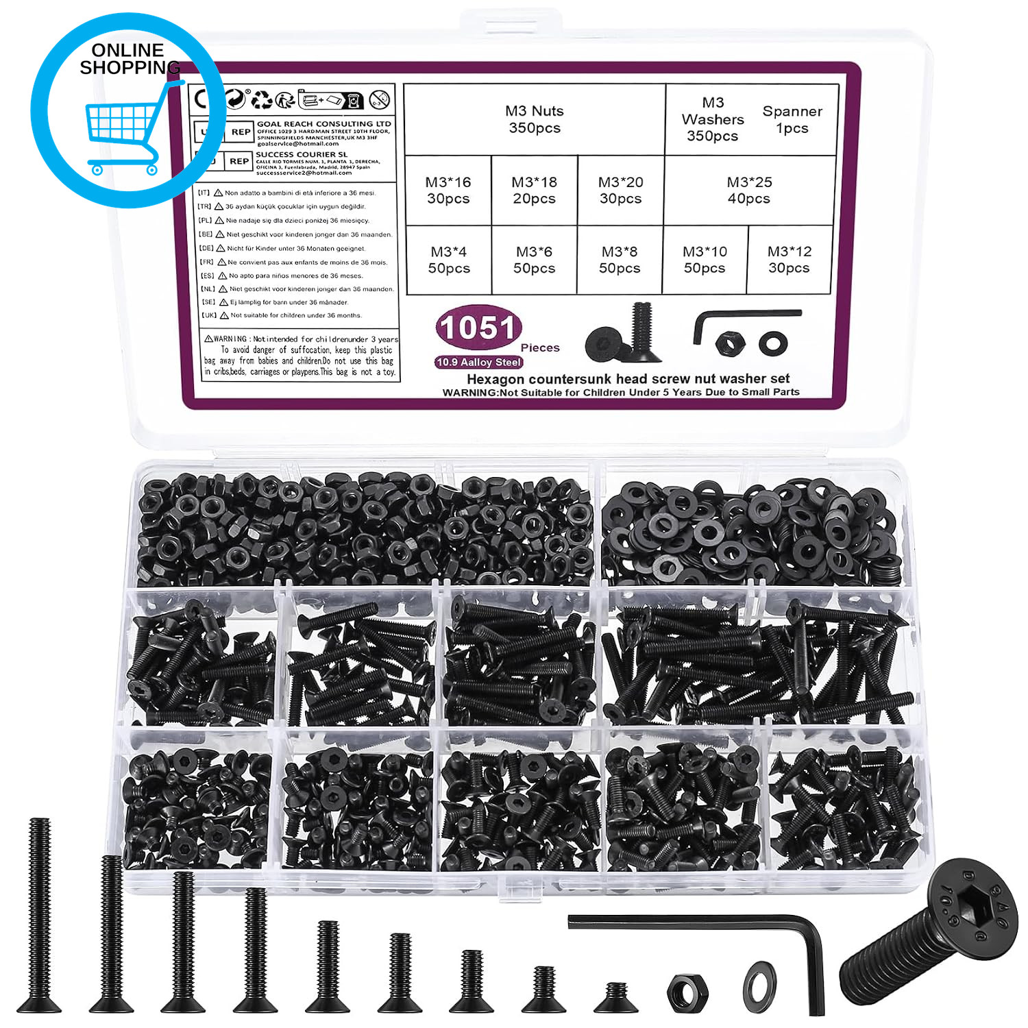 1051 Pcs M3 Screws Set, M3 Bolts and Nuts Set, Countersunk Nuts and Bolts, Flat