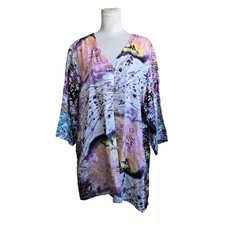 Poème by Citron Womens Purple Floral Asian Inspired Button Up Tunic Top Size 1X