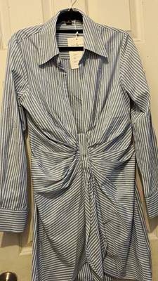 hers & mine Blue White Striped Collared Tie Front Long Sleeve Shirt Dress M