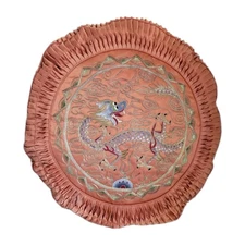 Vintage Round Rouched Hand Embroidered Dragon Chinese Pillow Silk Rayon Orange 