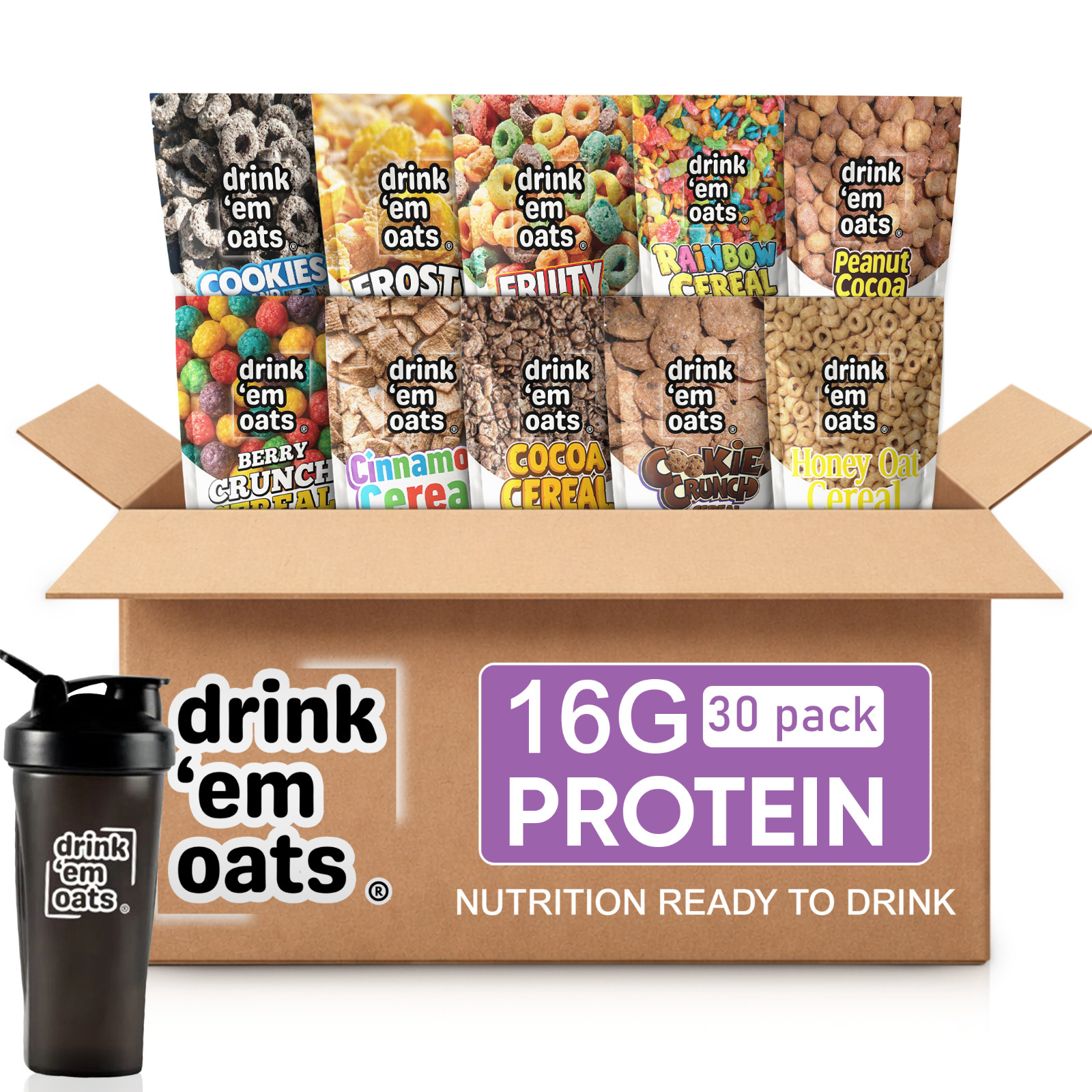 Drink 'em Oats 30 pack Variety Pack with Shaker Bottle 16g protein drinkable oat
