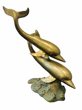 Mid Century Brass Statue Dolphins  19” Tall