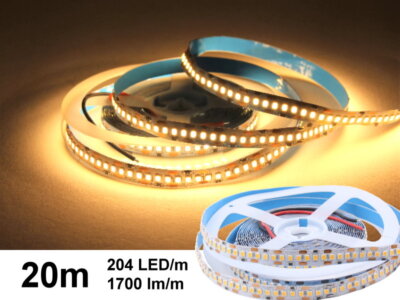 20m LED Strip 204 LED/m 1700lm/m 12V 16W/m Warm White Dimmable Stripe Tape
