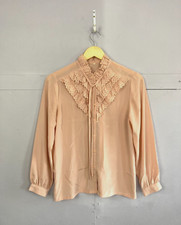 Vintage Pink Blouse Ruffle Collar UK10-12 Pussy Bow High Neck Romantic Whimsical
