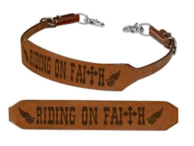 Medium oil leather 'RIDING ON FAITH' WITHER STRAP w/ scissor snap ends 1.5'' wide