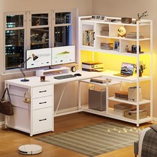 L Shaped Desk with LED Light, 3 Drawers & Bookshelf, 58'' Corner Computer Desk