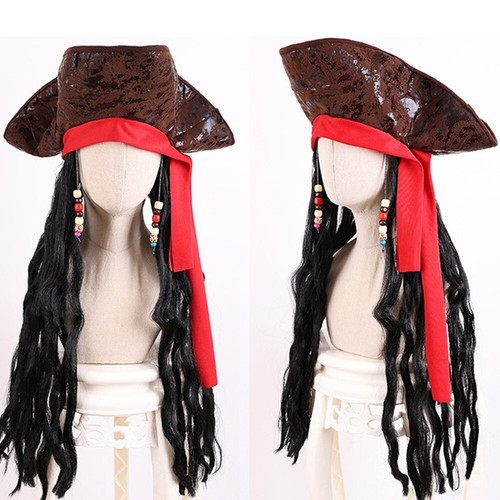 Caribbean Pirate Hat Captain Jack Fancy Dress Up Hair Sparrow with Hair Costume - Picture 17 of 24